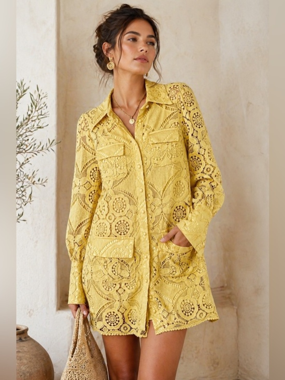 Beleuh yellow Lace Shirt Dress Button Front Crochet Pockets Boho Resort small